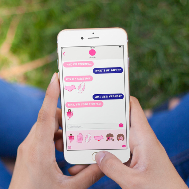 Image of a woman texting on her phone and using the Femoji app - Libresse